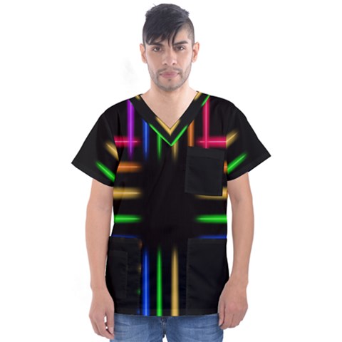 Neon Light Abstract Pattern Lines Men s V-neck Scrub Top by Sapixe