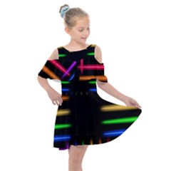 Neon Light Abstract Pattern Lines Kids  Shoulder Cutout Chiffon Dress