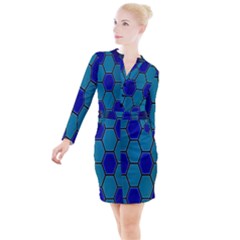 Hexagon Background Geometric Mosaic Button Long Sleeve Dress