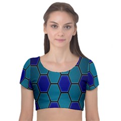 Hexagon Background Geometric Mosaic Velvet Short Sleeve Crop Top 