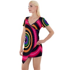 Neon Light Abstract Pattern Lines Short Sleeve Asymmetric Mini Dress