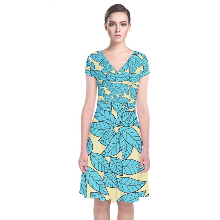 Leaves Dried Leaves Stamping Short Sleeve Front Wrap Dress