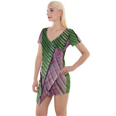 Leaf Banana Leaf Greenish Lines Short Sleeve Asymmetric Mini Dress