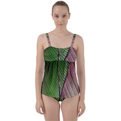 Leaf Banana Leaf Greenish Lines Twist Front Tankini Set by Sapixe