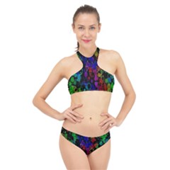 Rainbow Pattern Geometric Texture High Neck Bikini Set