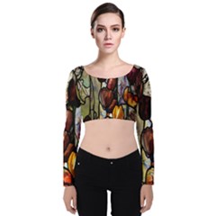 Tiffany Window Colorful Pattern Velvet Long Sleeve Crop Top by Sapixe