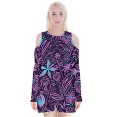 Stamping Pattern Leaves Drawing Velvet Long Sleeve Shoulder Cutout Dress by Sapixe