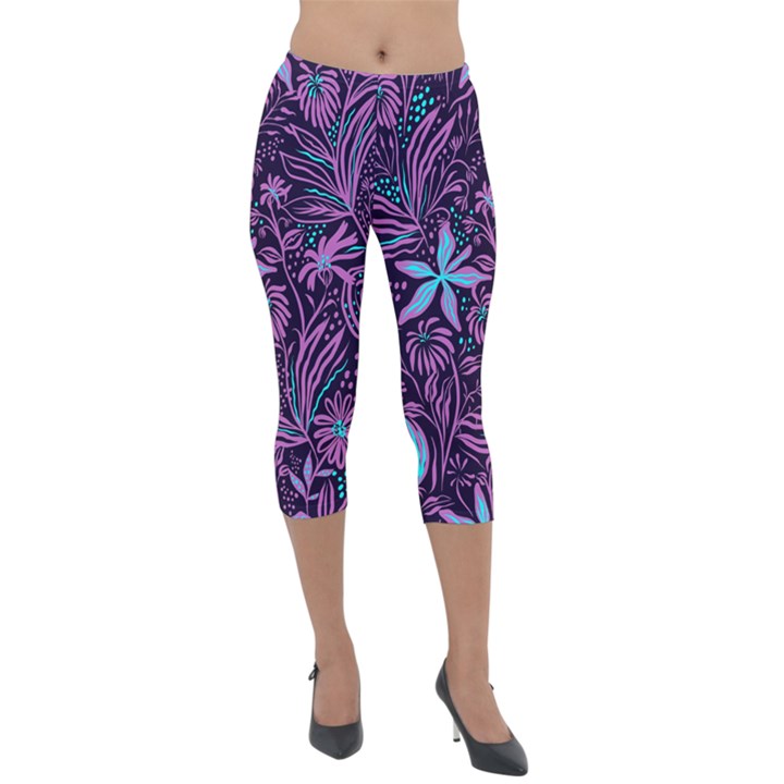 Stamping Pattern Leaves Drawing Lightweight Velour Capri Leggings 