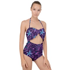 Stamping Pattern Leaves Drawing Scallop Top Cut Out Swimsuit