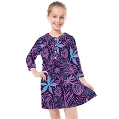 Stamping Pattern Leaves Drawing Kids  Quarter Sleeve Shirt Dress