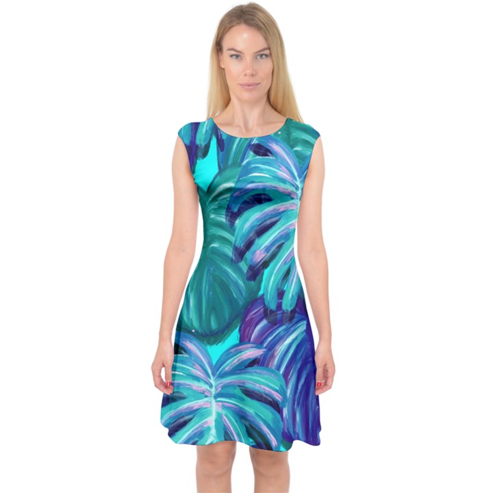 Leaves Tropical Palma Jungle Capsleeve Midi Dress