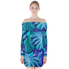 Leaves Tropical Palma Jungle Long Sleeve Off Shoulder Dress by Sapixe