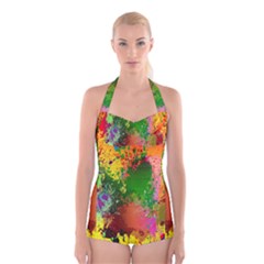 Embroidery Dab Color Spray Boyleg Halter Swimsuit  by Sapixe