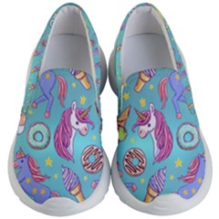 Medium Turquoise Donuts & Unicorn Print Kid s Lightweight Slip Ons by PattyVilleDesigns