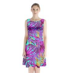 Tropical Greens Leaves Design Sleeveless Waist Tie Chiffon Dress by Sapixe