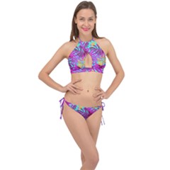 Tropical Greens Leaves Design Cross Front Halter Bikini Set