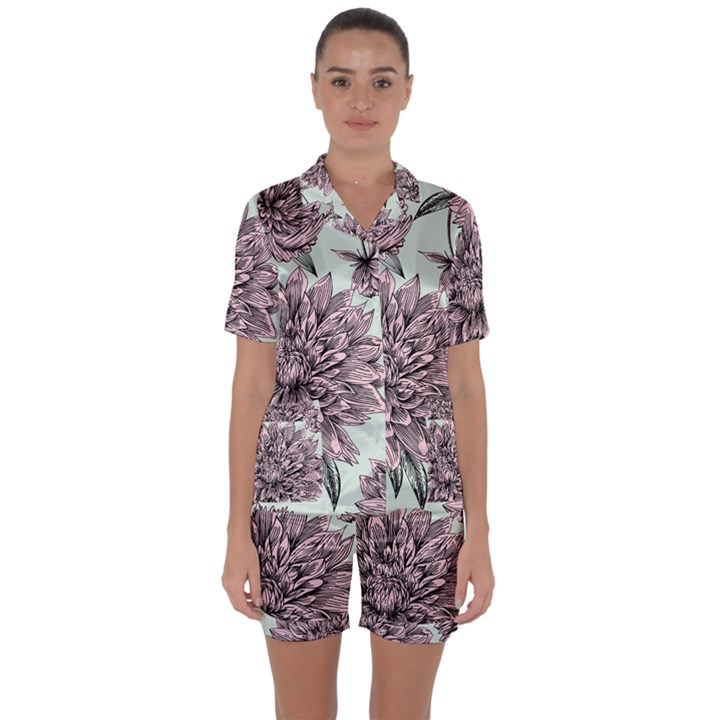 Flowers Flower Rosa Spring Satin Short Sleeve Pyjamas Set