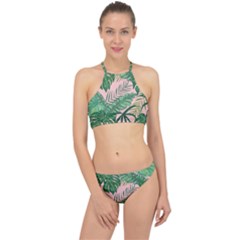 Tropical Greens Leaves Design Racer Front Bikini Set