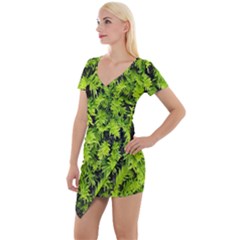 Green Hedge Texture Yew Plant Bush Leaf Short Sleeve Asymmetric Mini Dress