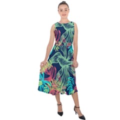 Leaves Tropical Picture Plant Midi Tie-back Chiffon Dress