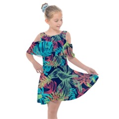 Leaves Tropical Picture Plant Kids  Shoulder Cutout Chiffon Dress