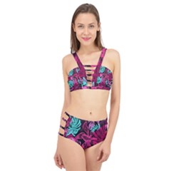 Leaves Drawing Reason Pattern Cage Up Bikini Set