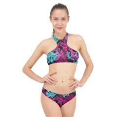 Leaves Drawing Reason Pattern High Neck Bikini Set