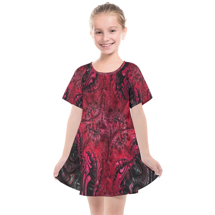 Wgt Fractal Red Black Pattern Kids  Smock Dress