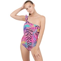 Illustration Reason Leaves Design Frilly One Shoulder Swimsuit by Sapixe