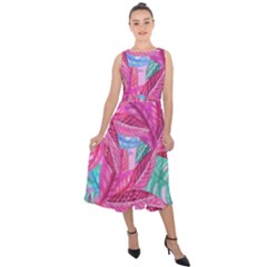 Leaves Tropical Reason Stamping Midi Tie-back Chiffon Dress by Sapixe