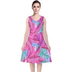 Leaves Tropical Reason Stamping V-neck Midi Sleeveless Dress  by Sapixe