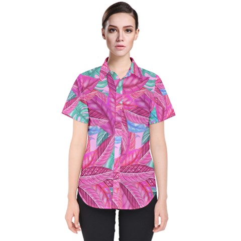 Leaves Tropical Reason Stamping Women s Short Sleeve Shirt by Sapixe