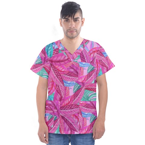 Leaves Tropical Reason Stamping Men s V-neck Scrub Top by Sapixe