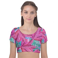 Leaves Tropical Reason Stamping Velvet Short Sleeve Crop Top  by Sapixe