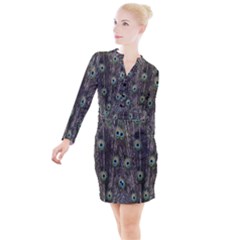 Background Peacock Feathers Button Long Sleeve Dress