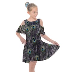 Background Peacock Feathers Kids  Shoulder Cutout Chiffon Dress