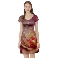 Wonderful Roses With Butterflies And Light Effects Short Sleeve Skater Dress by FantasyWorld7