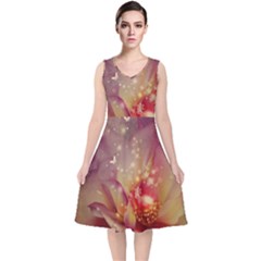 Wonderful Roses With Butterflies And Light Effects V-neck Midi Sleeveless Dress  by FantasyWorld7