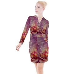 Wonderful Roses With Butterflies And Light Effects Button Long Sleeve Dress by FantasyWorld7