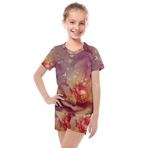 Wonderful Roses With Butterflies And Light Effects Kids  Mesh Tee And Shorts Set by FantasyWorld7