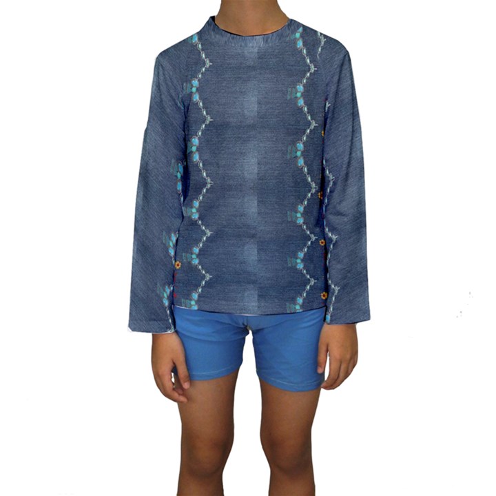 Blue denim pattern native american beads pattern by FlipStylez Designs Kids  Long Sleeve Swimwear