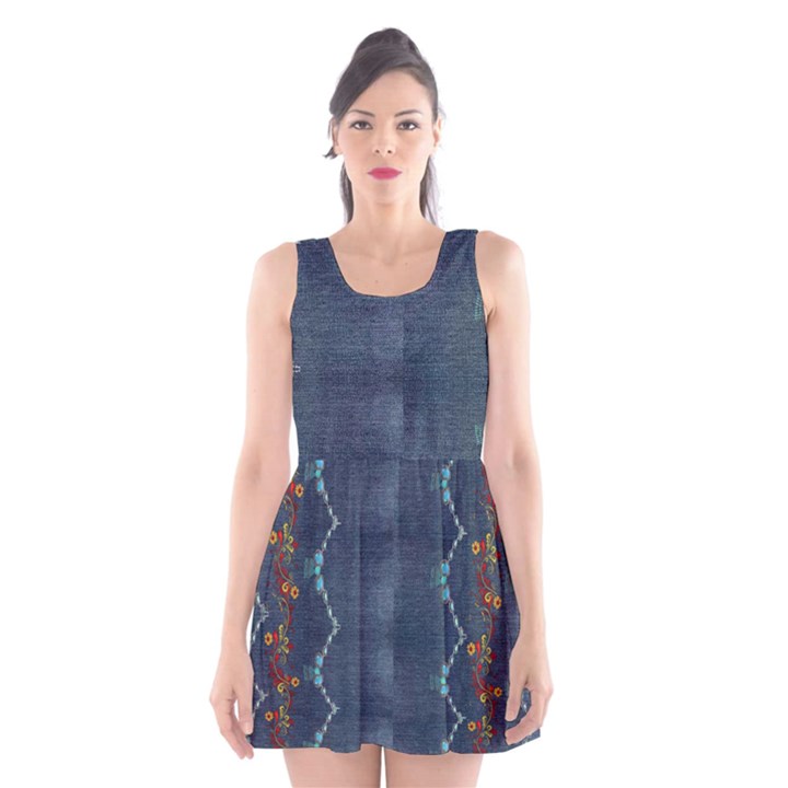 Blue denim pattern native american beads pattern by FlipStylez Designs Scoop Neck Skater Dress