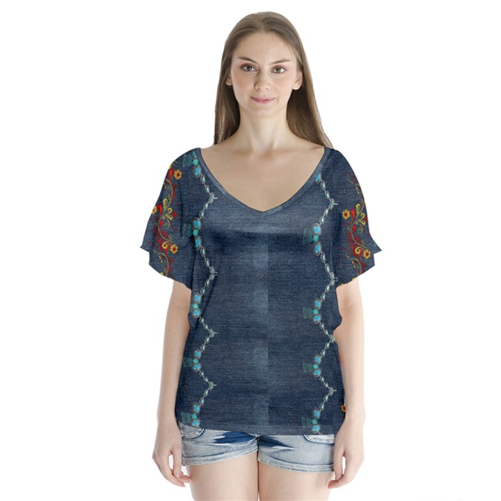 Blue denim pattern native american beads pattern by FlipStylez Designs V-Neck Flutter Sleeve Top