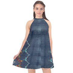 Blue Denim Pattern Native American Beads Pattern By Flipstylez Designs Halter Neckline Chiffon Dress  by flipstylezfashionsLLC