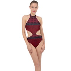 Crush Red Lace Two Patterns  Halter Side Cut Swimsuit by flipstylezfashionsLLC