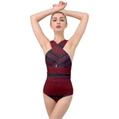 Crush Red Lace Two Pattern By Flipstylez Designs Cross Front Low Back Swimsuit by flipstylezfashionsLLC