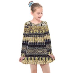 Creative Peach Multi Pattern Designs Kids  Long Sleeve Dress by flipstylezfashionsLLC