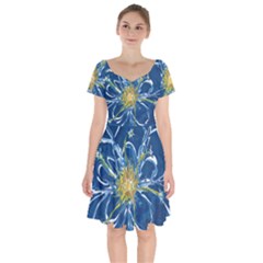 Blue Star Flower Short Sleeve Bardot Dress