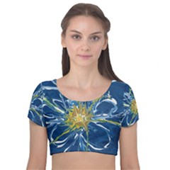 Blue Star Flower Velvet Short Sleeve Crop Top 