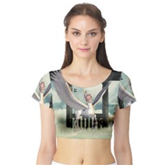 Cute Little Pegasus In The Sky, Cartoon Short Sleeve Crop Top by FantasyWorld7